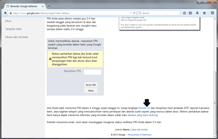 Iklan Google Adsense Tidak Tampil Karena PIN Tidak Sampai 2