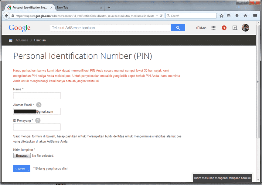 Iklan Google Adsense Tidak Tampil Karena PIN Tidak Sampai 3