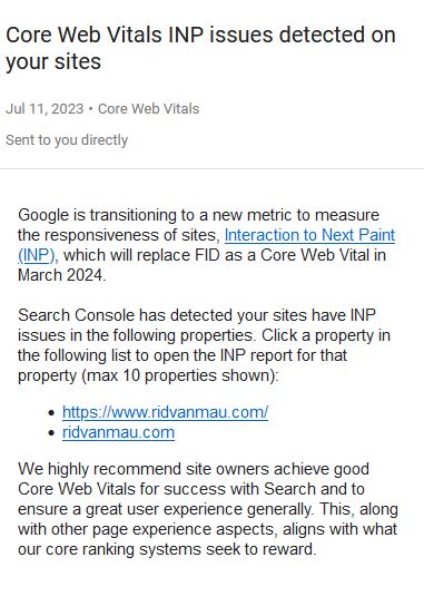 Core Web Vitals INP issues detected on your sites